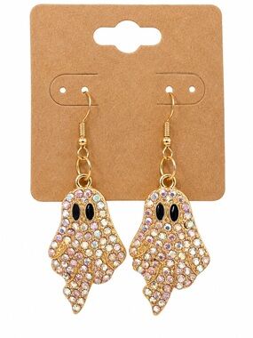 Halloween AB Rhinestone Ghost Dangle Earrings Gold Tone Sparkly Statement NEW